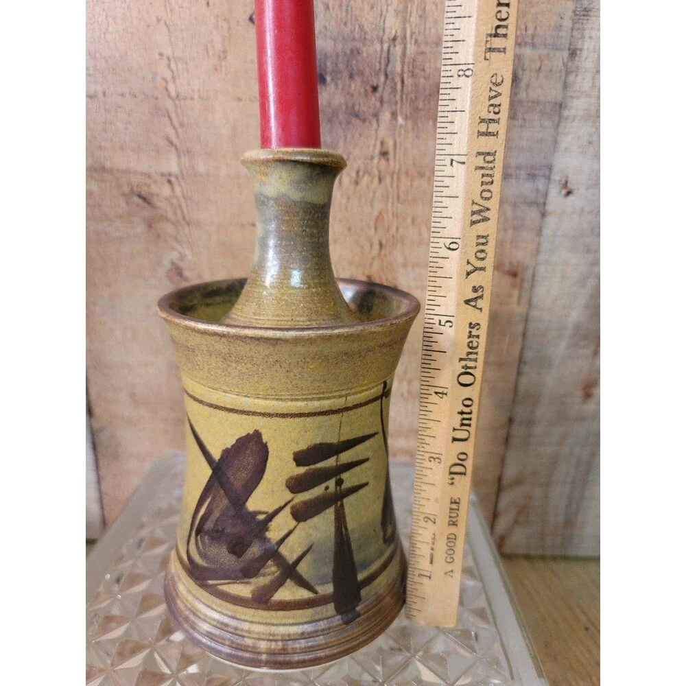 Asain Design Signed Candle Holder Pottery